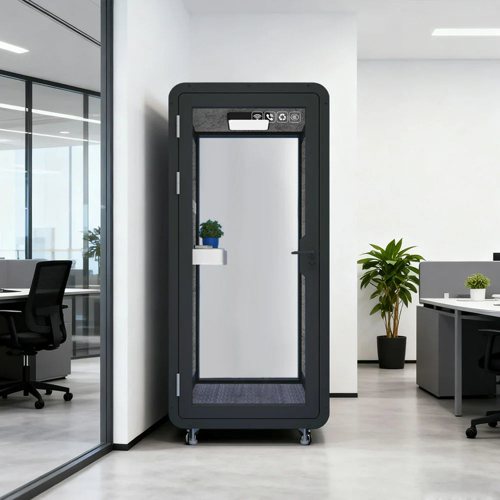 MODERA BJK-101021 Ventilation 1.0x1.0m Lighting, Casters Office Steel w/ - Panel Booth Compact Soundproof Black