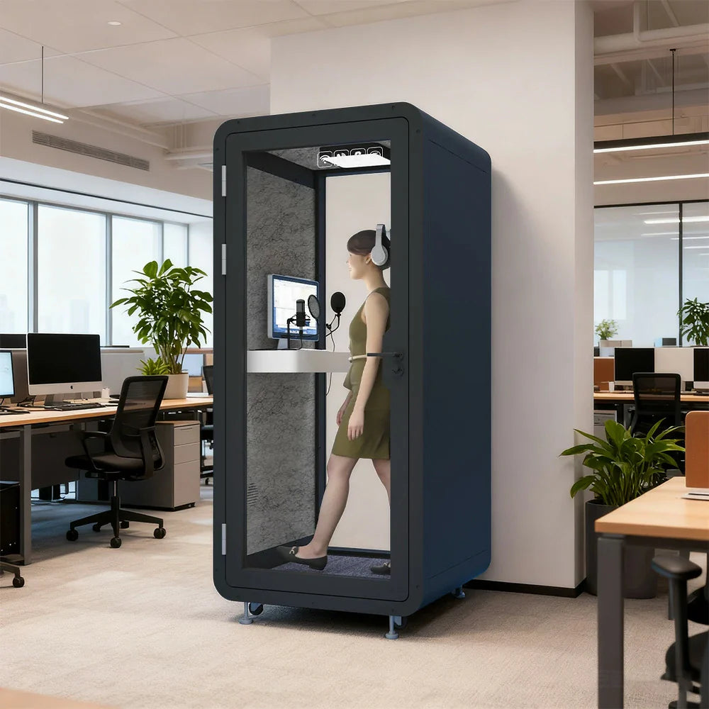 MODERA BJK-101021 Ventilation 1.0x1.0m Lighting, Casters Office Steel w/ - Panel Booth Compact Soundproof Black