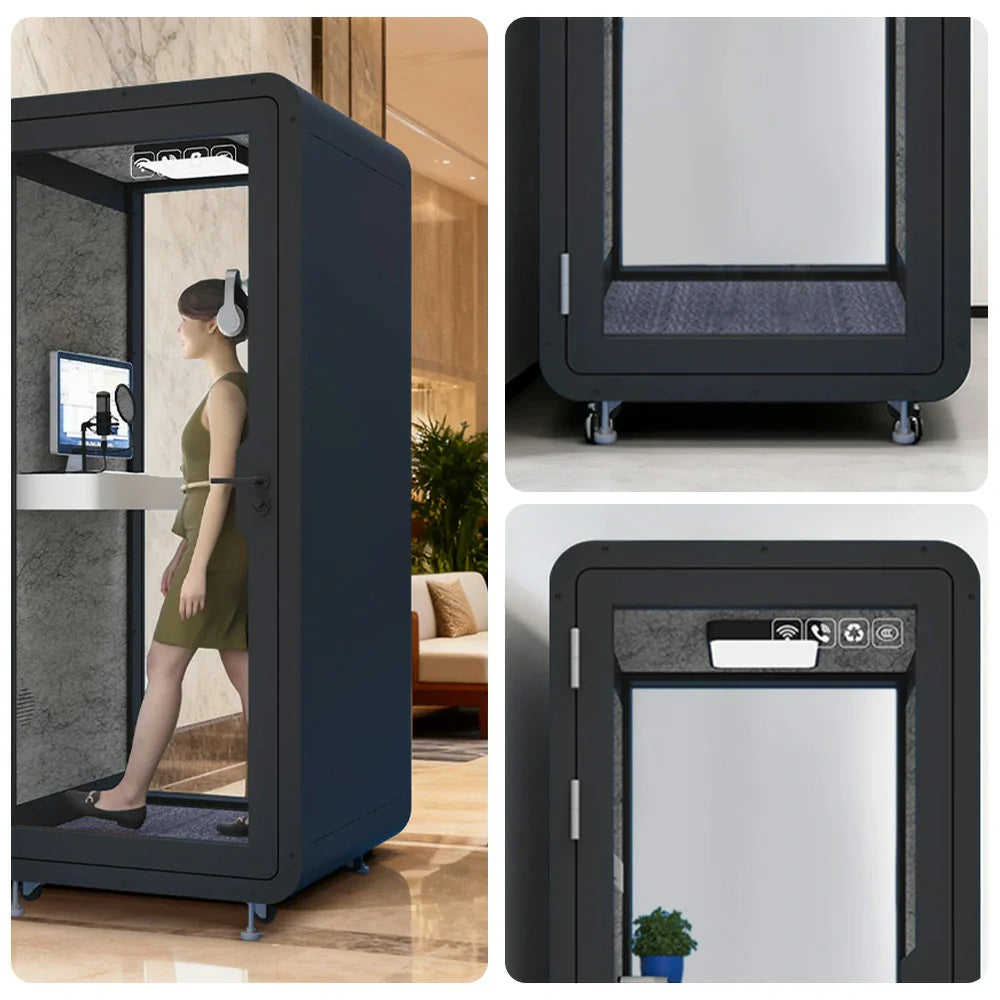 MODERA BJK-101021 Ventilation 1.0x1.0m Lighting, Casters Office Steel w/ - Panel Booth Compact Soundproof Black