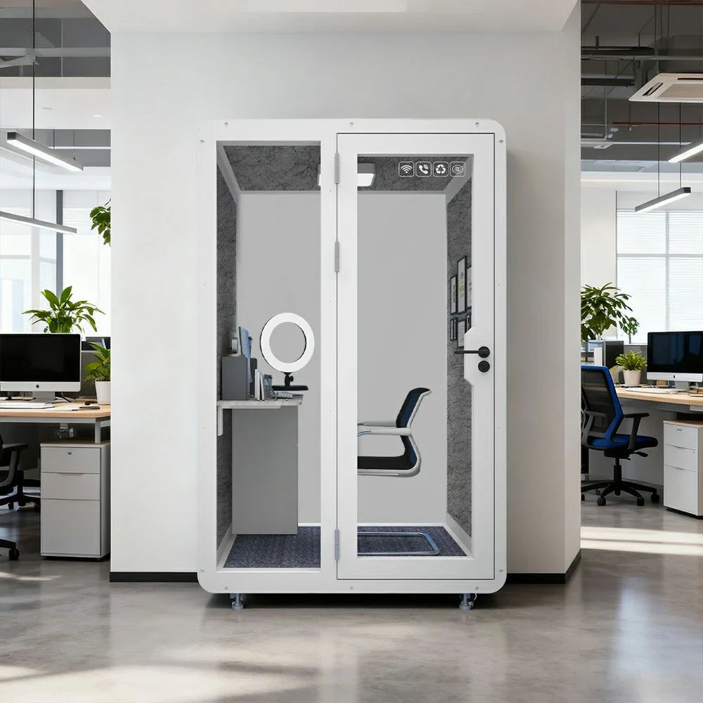 MODERA BJK-141221 Soundproof w/ 1.4x1.2m - Ventilation Office Casters Lighting, Meeting Booth Steel Panel White