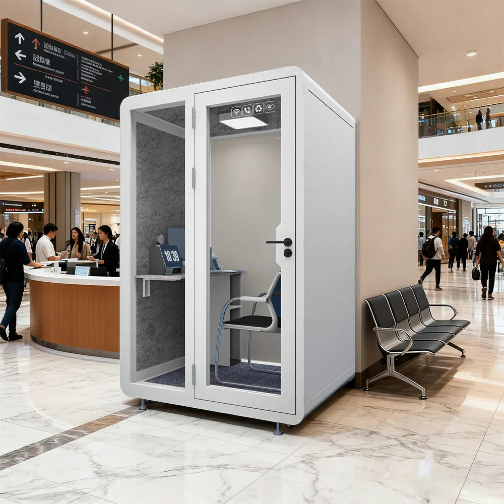 MODERA BJK-141221 Soundproof w/ 1.4x1.2m - Ventilation Office Casters Lighting, Meeting Booth Steel Panel White