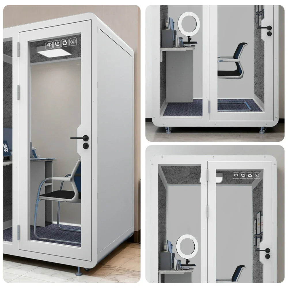 MODERA BJK-141221 Soundproof w/ 1.4x1.2m - Ventilation Office Casters Lighting, Meeting Booth Steel Panel White