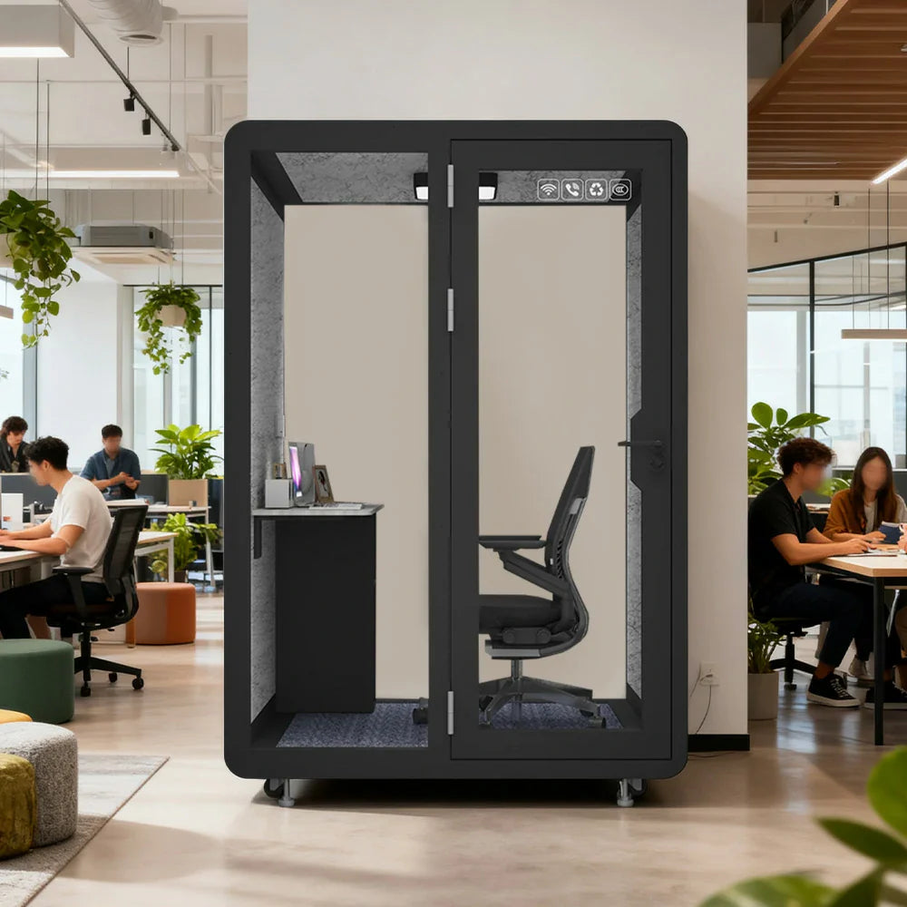 MODERA BJK-151321 Casters Meeting Steel - Soundproof Booth Panel Lighting, Ventilation 1.5x1.3m w/ Office Black