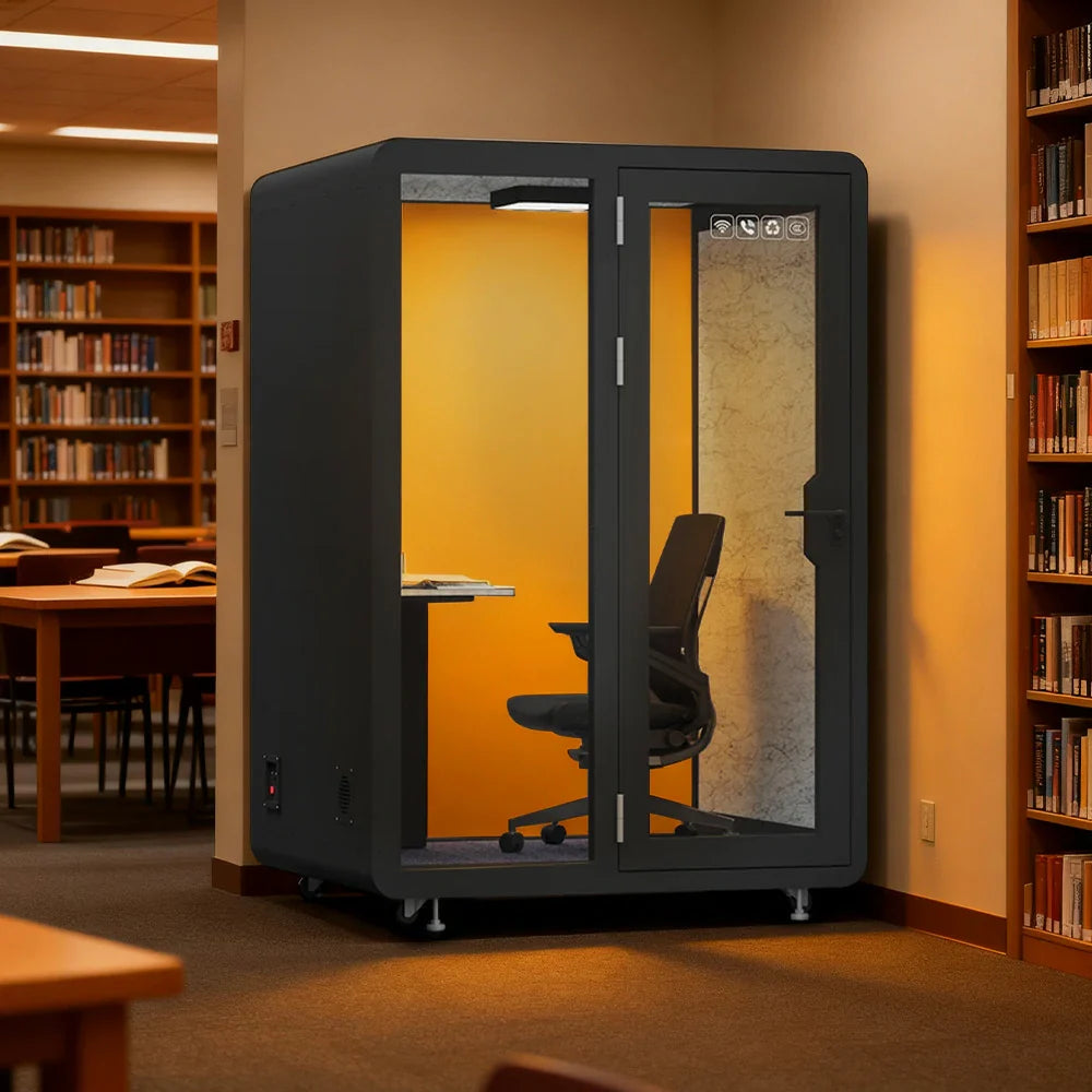 MODERA BJK-151321 Casters Meeting Steel - Soundproof Booth Panel Lighting, Ventilation 1.5x1.3m w/ Office Black