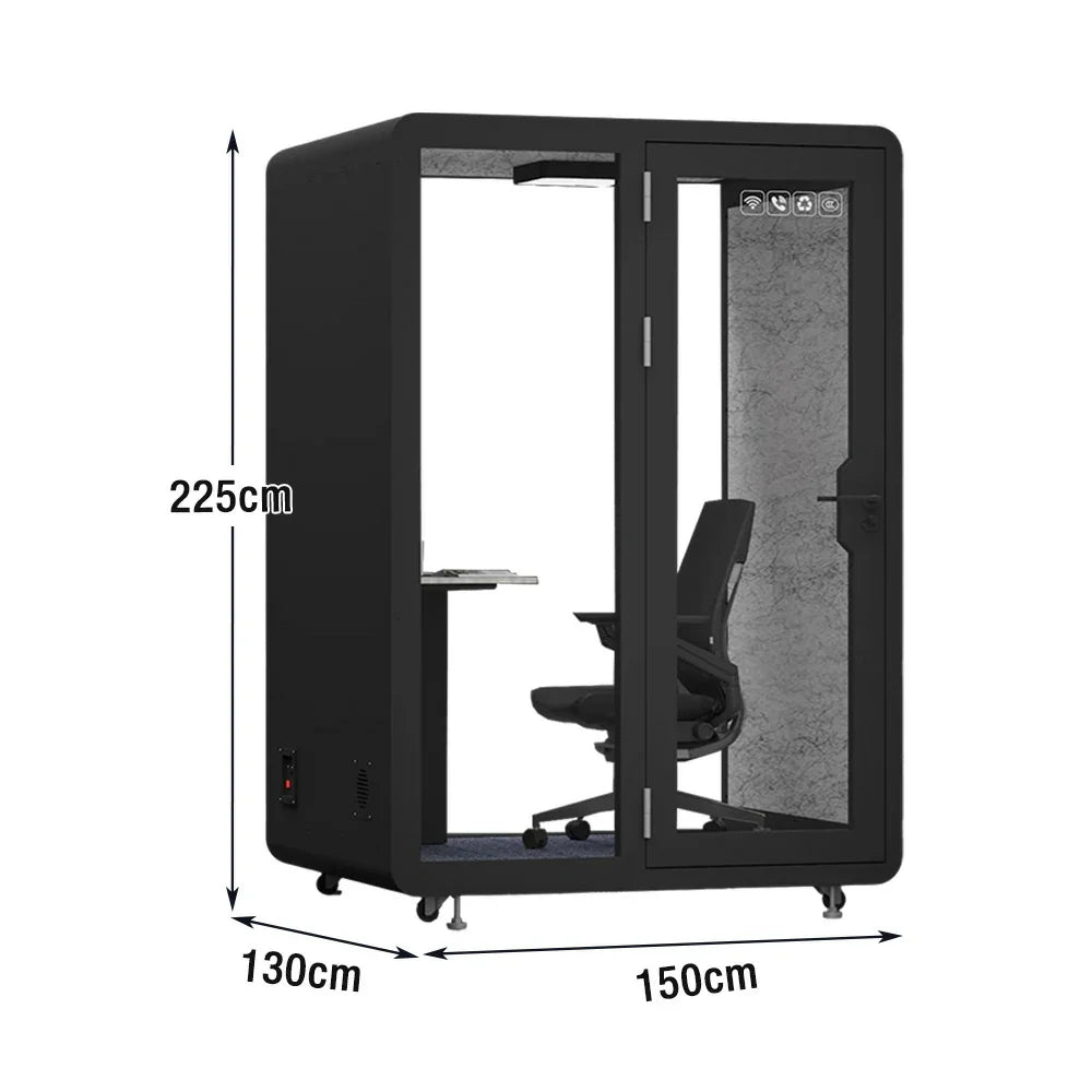 MODERA BJK-151321 Casters Meeting Steel - Soundproof Booth Panel Lighting, Ventilation 1.5x1.3m w/ Office Black