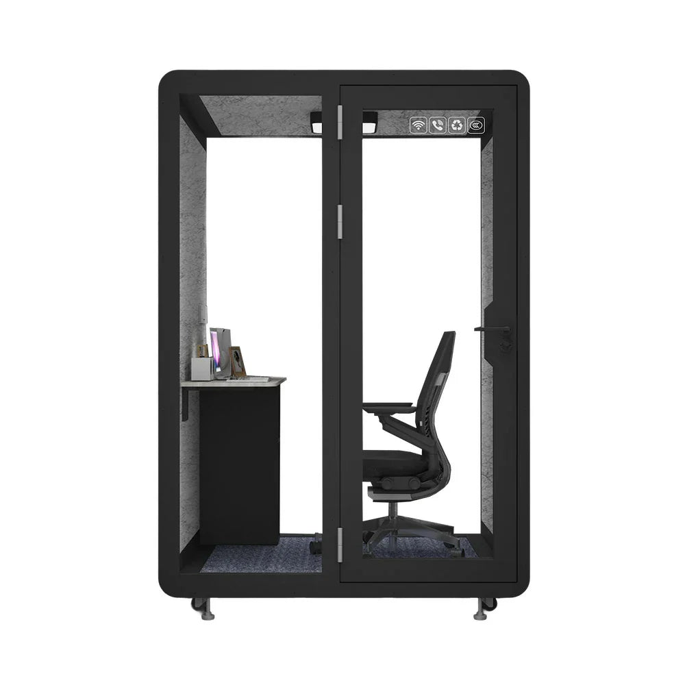 MODERA BJK-151321 Casters Meeting Steel - Soundproof Booth Panel Lighting, Ventilation 1.5x1.3m w/ Office Black
