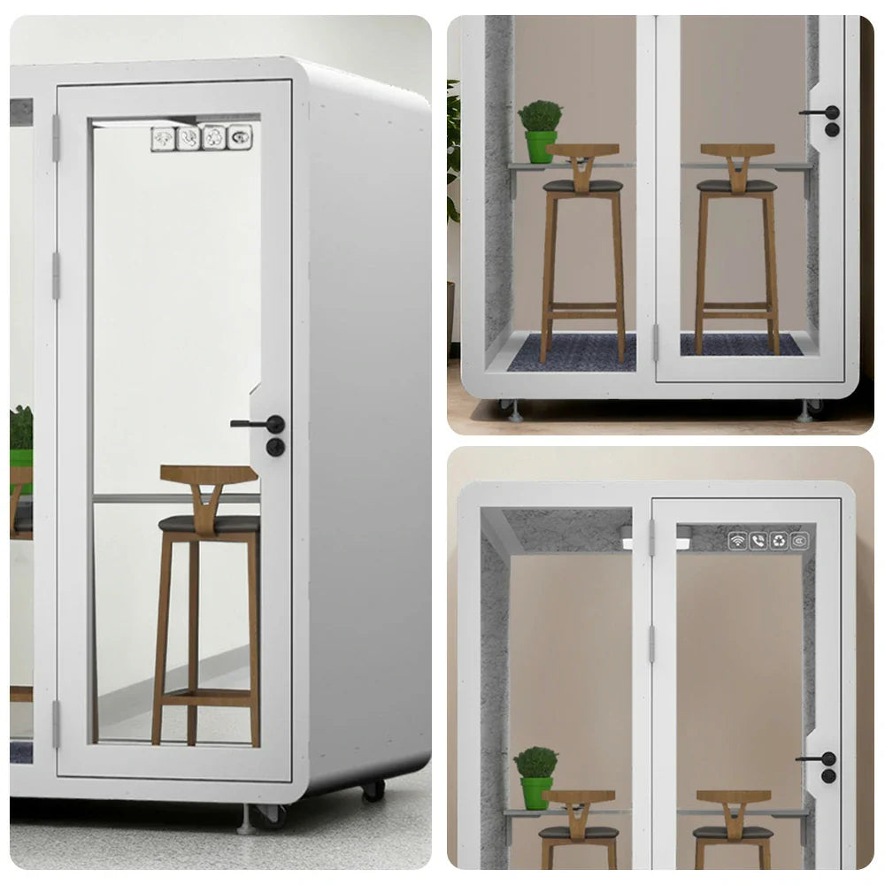 MODERA BJK-151321 Casters Lighting, Steel Office Soundproof - w/ Booth Ventilation Panel Meeting 1.5x1.3m White