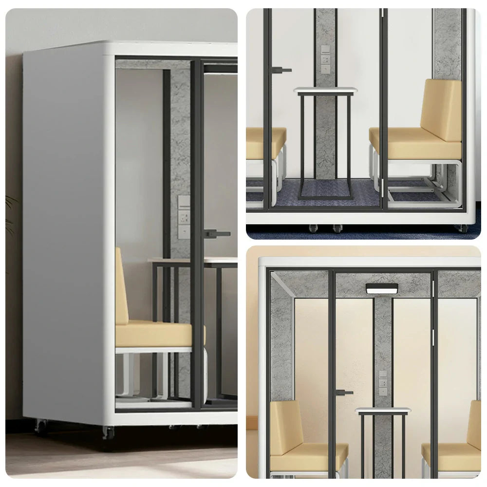 MODERA LCK-211621 Large w/ Frame Casters Soundproof Lighting, Ventilation - 2.1x1.6m Meeting Office Booth Aluminium White