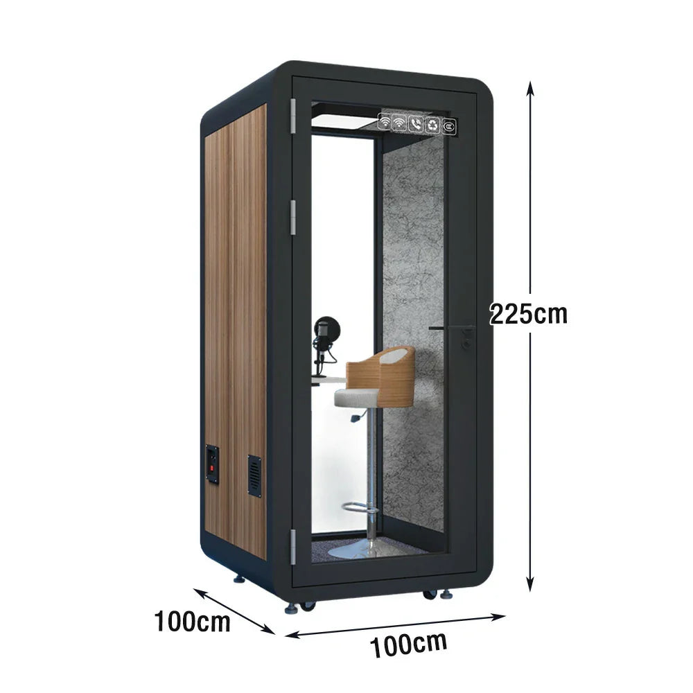 MODERA MWK-101021 Meeting Lighting, Ventilation Office Wood Booth 1.0x1.0m Grain Casters Soundproof - w/ Black