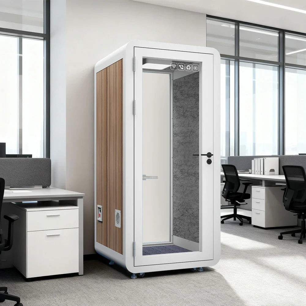 MODERA MWK-101021 Office Booth - 1.0x1.0m Wood Ventilation Lighting, Meeting w/ Grain Casters Soundproof White