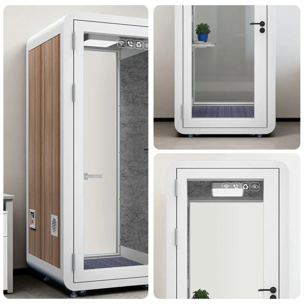 MODERA MWK-101021 Office Booth - 1.0x1.0m Wood Ventilation Lighting, Meeting w/ Grain Casters Soundproof White