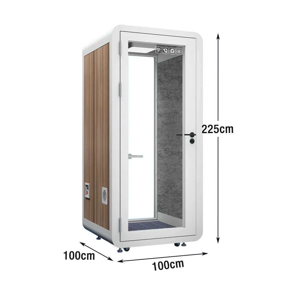 MODERA MWK-101021 Office Booth - 1.0x1.0m Wood Ventilation Lighting, Meeting w/ Grain Casters Soundproof White