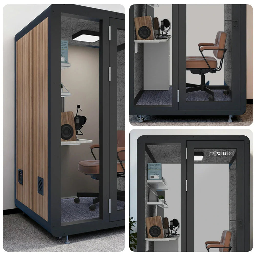 MODERA MWK-141221 - w/ Wood Soundproof Meeting 1.4x1.2m Ventilation Booth Grain Casters Lighting, Office Black