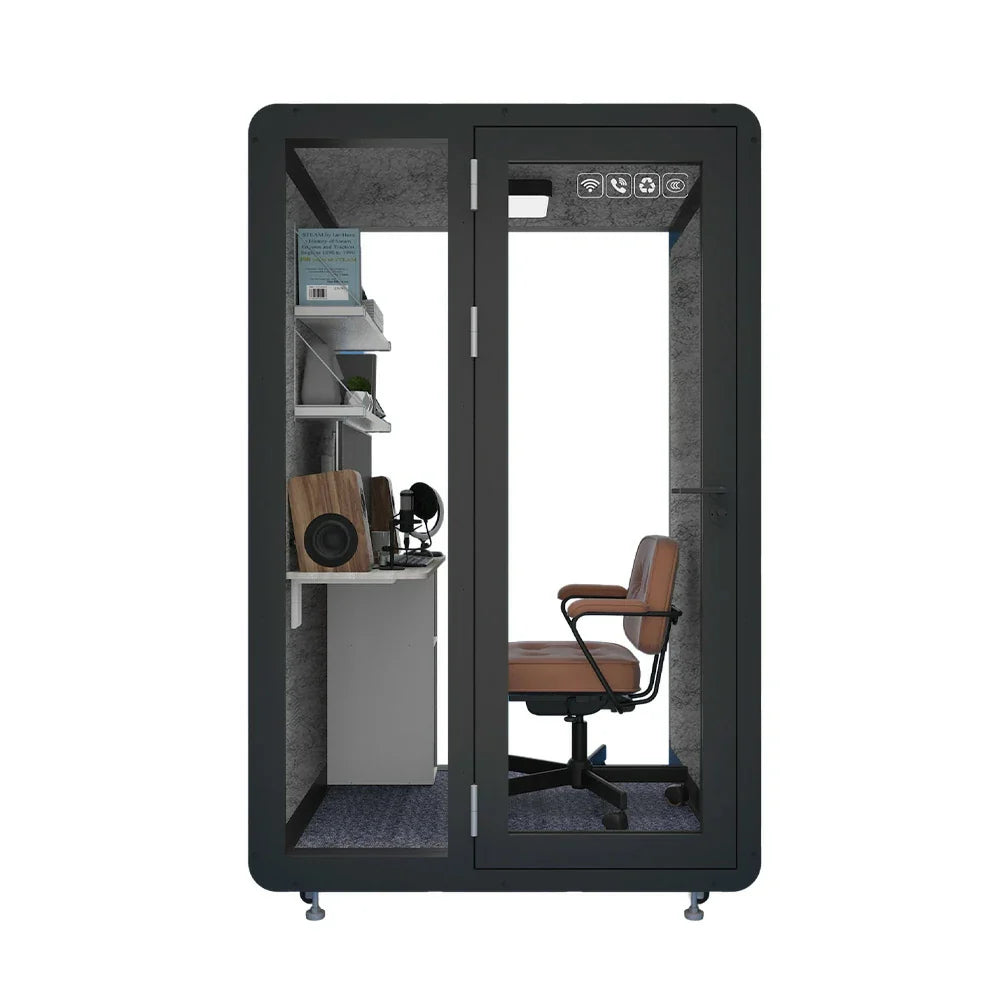 MODERA MWK-141221 - w/ Wood Soundproof Meeting 1.4x1.2m Ventilation Booth Grain Casters Lighting, Office Black