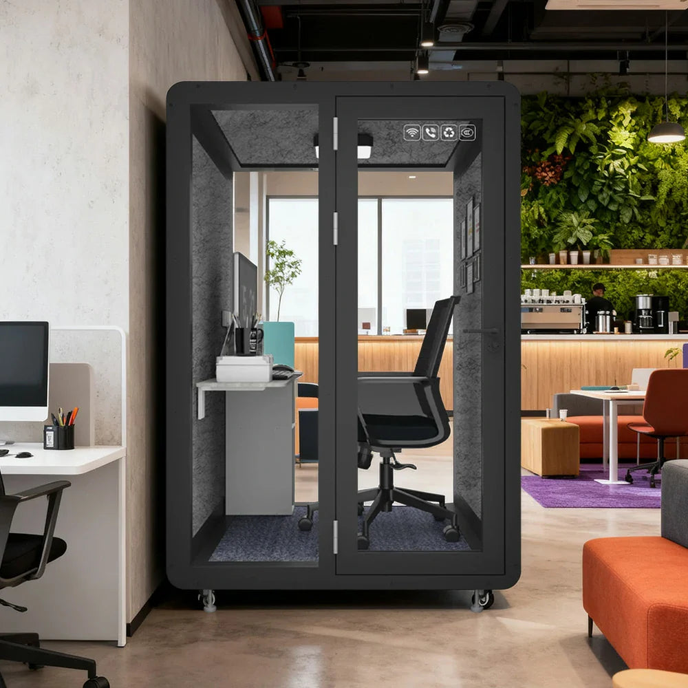 MODERA MWK-151521 Grain w/ 1.5x1.5m Soundproof - Wood Booth Casters Meeting Office Lighting, Ventilation Black