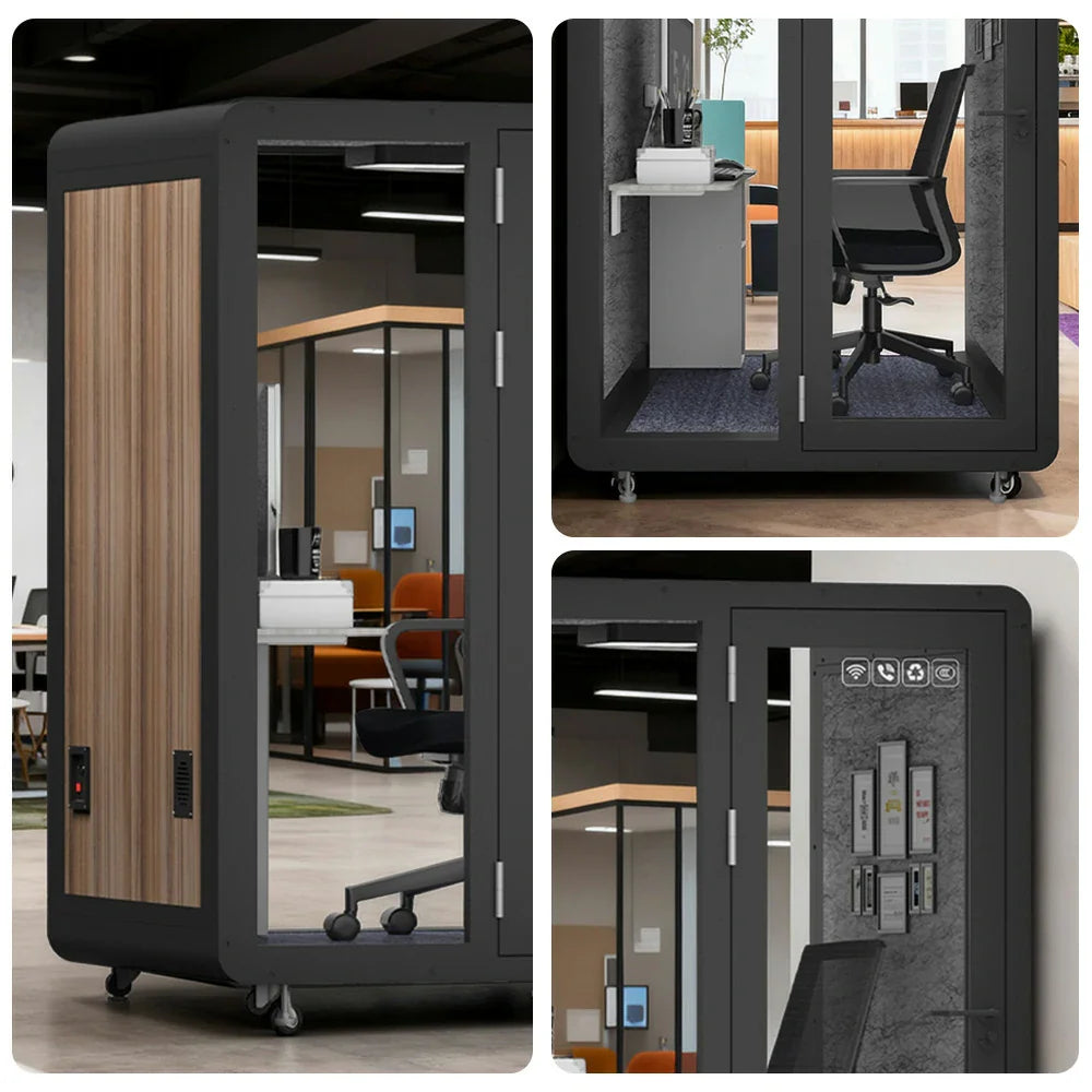 MODERA MWK-151521 Grain w/ 1.5x1.5m Soundproof - Wood Booth Casters Meeting Office Lighting, Ventilation Black