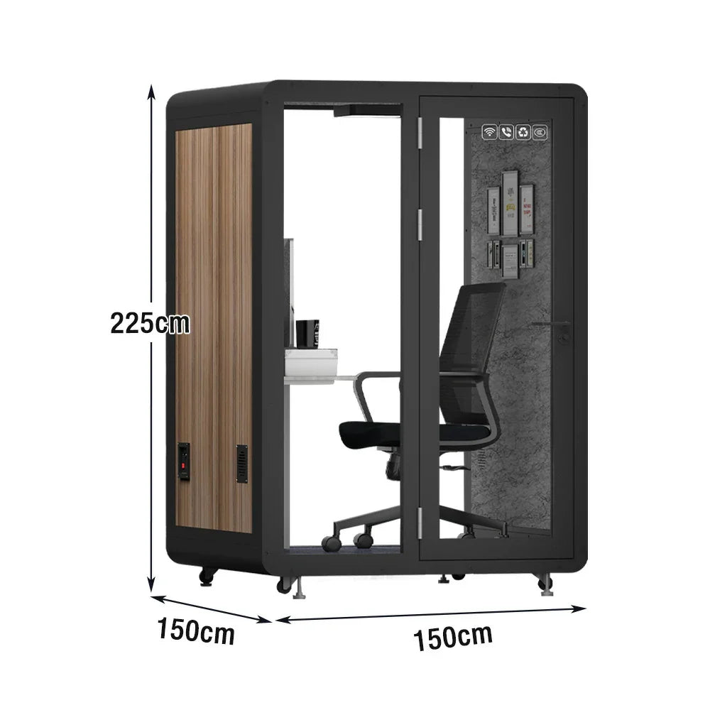 MODERA MWK-151521 Grain w/ 1.5x1.5m Soundproof - Wood Booth Casters Meeting Office Lighting, Ventilation Black
