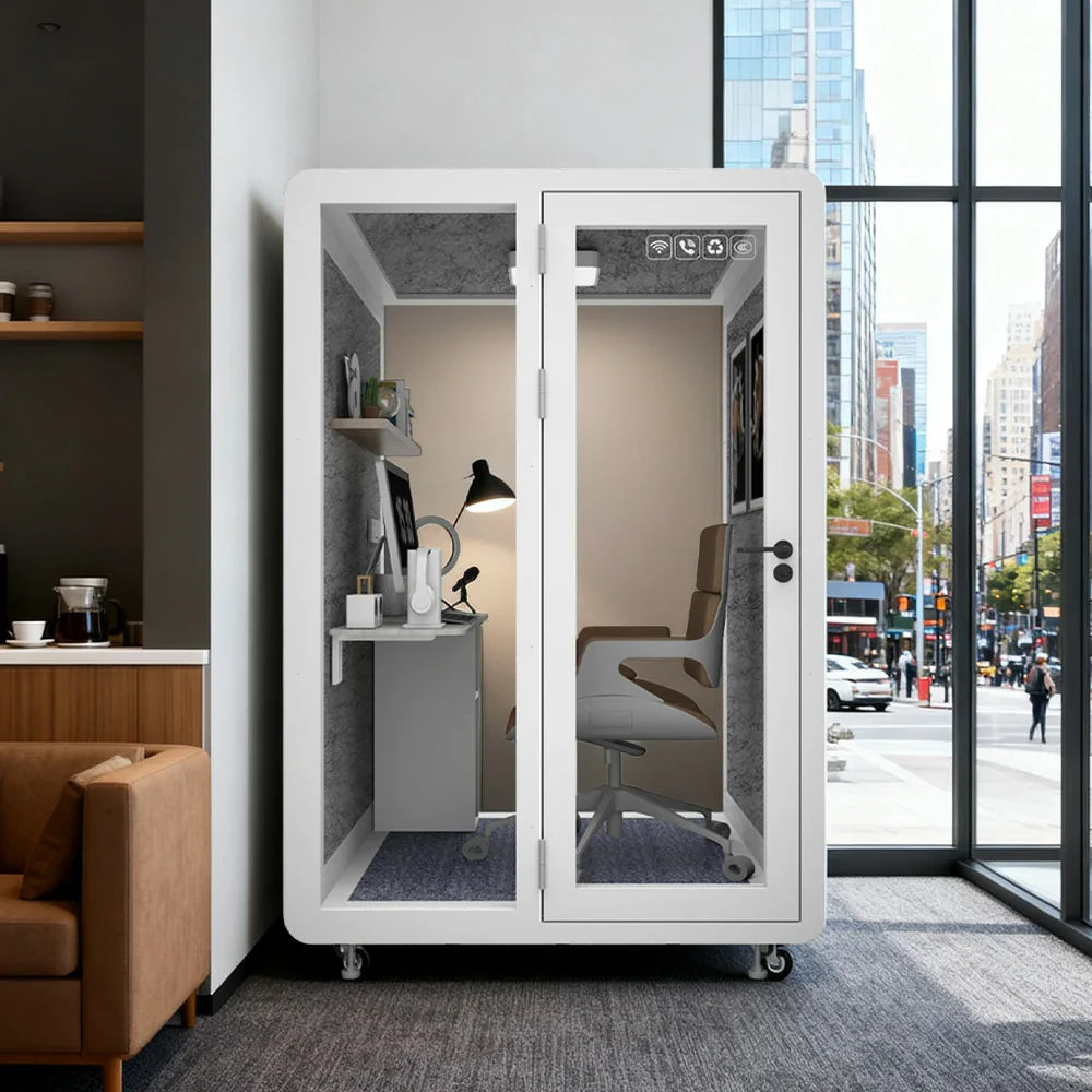 MODERA MWK-151521 - Casters Ventilation Wood 1.5x1.5m w/ Grain Lighting, Soundproof Meeting Booth Office White