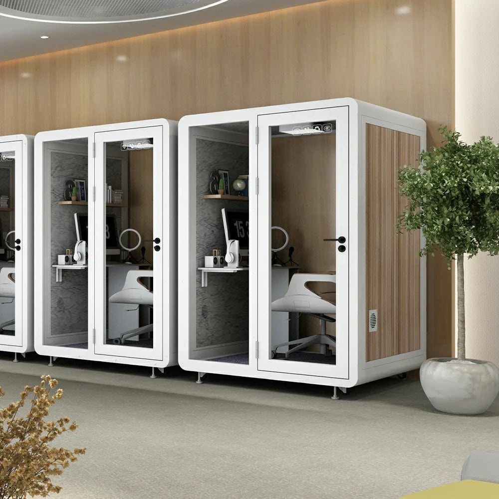 MODERA MWK-151521 - Casters Ventilation Wood 1.5x1.5m w/ Grain Lighting, Soundproof Meeting Booth Office White