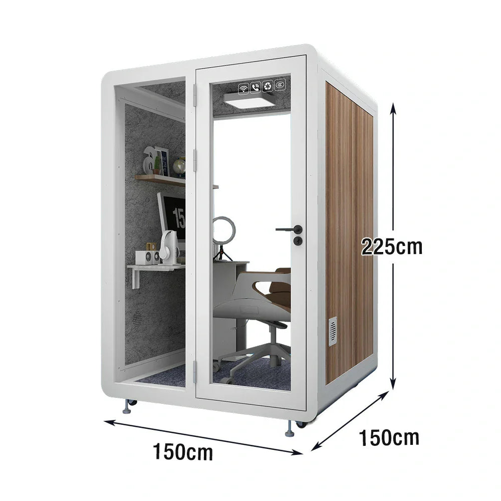 MODERA MWK-151521 - Casters Ventilation Wood 1.5x1.5m w/ Grain Lighting, Soundproof Meeting Booth Office White