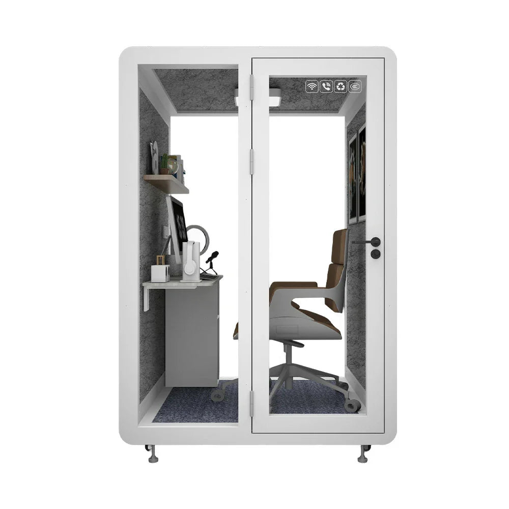 MODERA MWK-151521 - Casters Ventilation Wood 1.5x1.5m w/ Grain Lighting, Soundproof Meeting Booth Office White