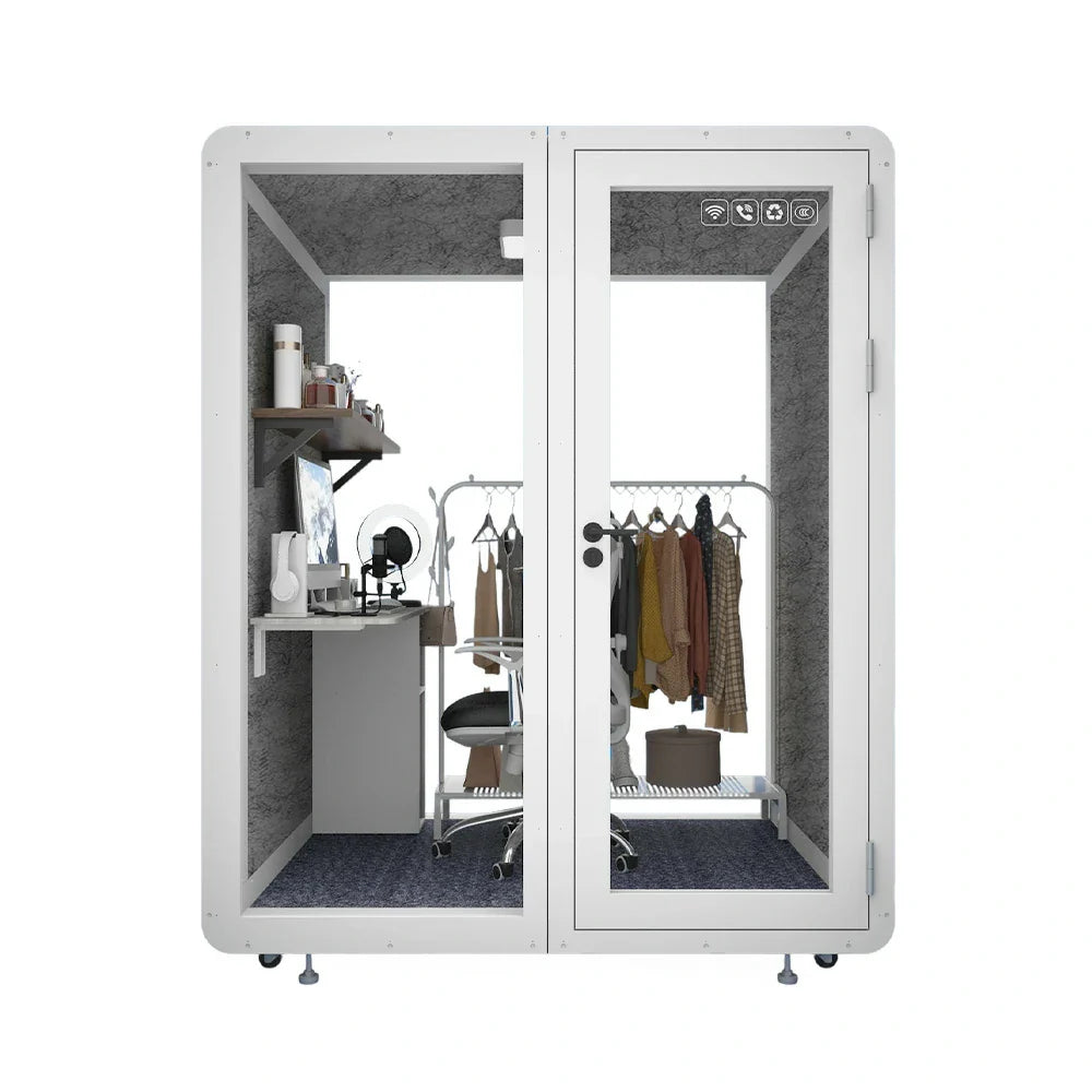 MODERA MWK-181521 Office Grain Ventilation Meeting 1.8x1.5m Wood - Soundproof Casters w/ Lighting, Booth White
