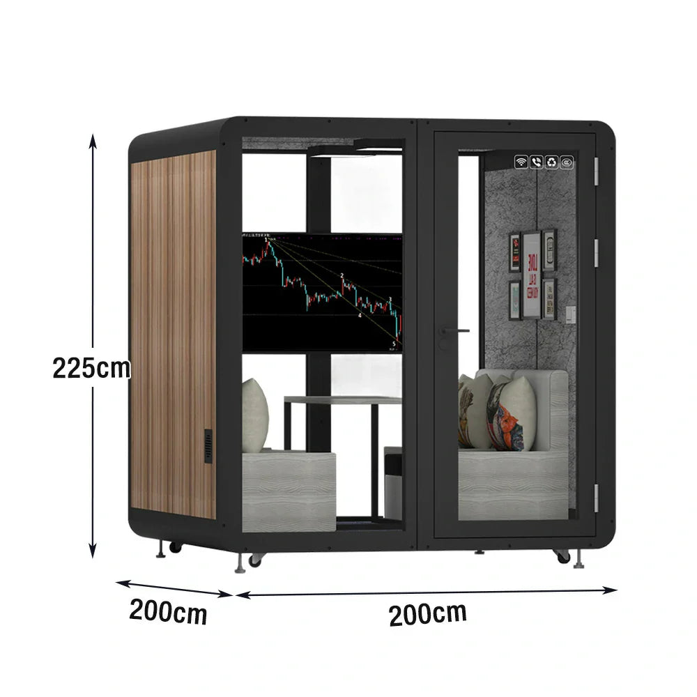 MODERA MWK-202021 Office Ventilation Meeting 2.0x2.0m - Grain Casters Booth Lighting, Soundproof w/ Wood Black