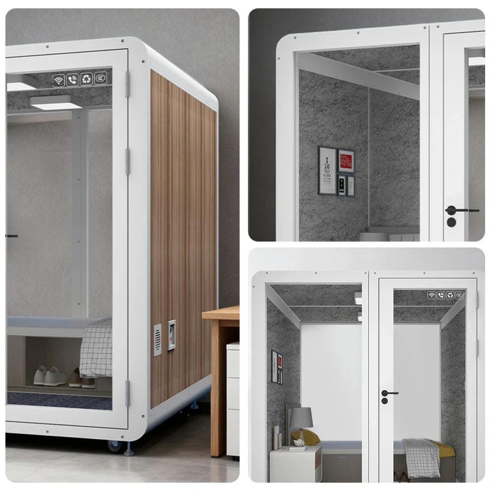 MODERA MWK-202021 Casters Soundproof - w/ 2.0x2.0m Booth Meeting Wood Ventilation Lighting, Grain Office White