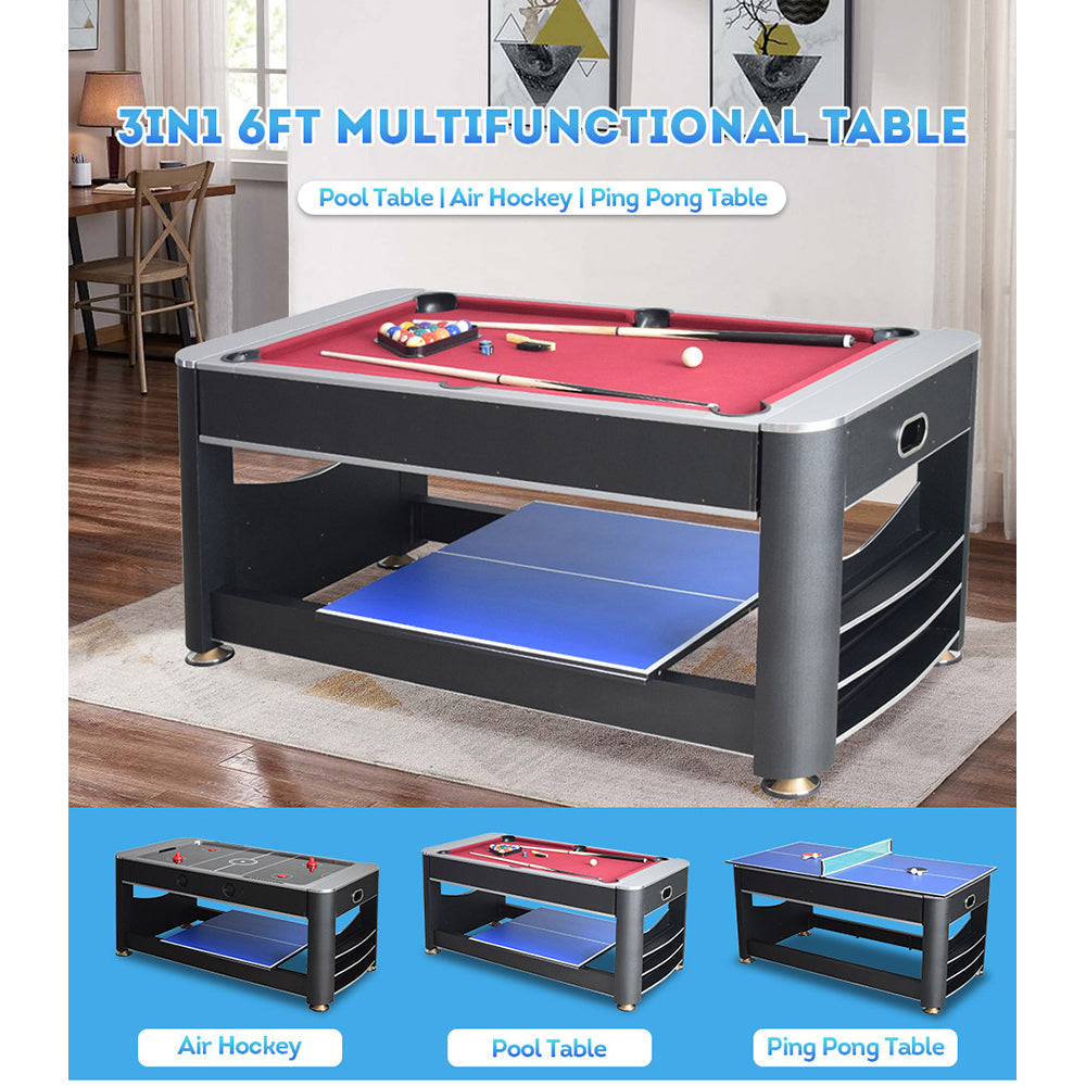 VERSA 6FT Tennis Table/Air 3-IN-1 Pool Hockey Table/Table MDF Black Frame