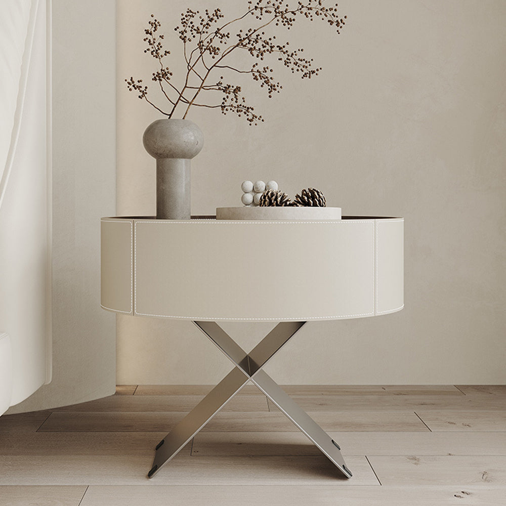 LIVARA NT1052 Bedside Solid Legs Drawer Leather Wood Metal Saddle Table