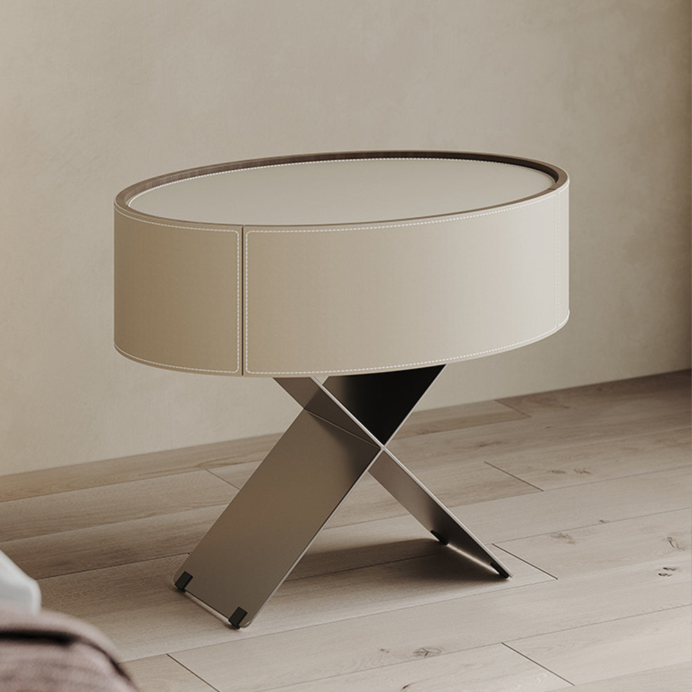 LIVARA NT1052 Bedside Solid Legs Drawer Leather Wood Metal Saddle Table