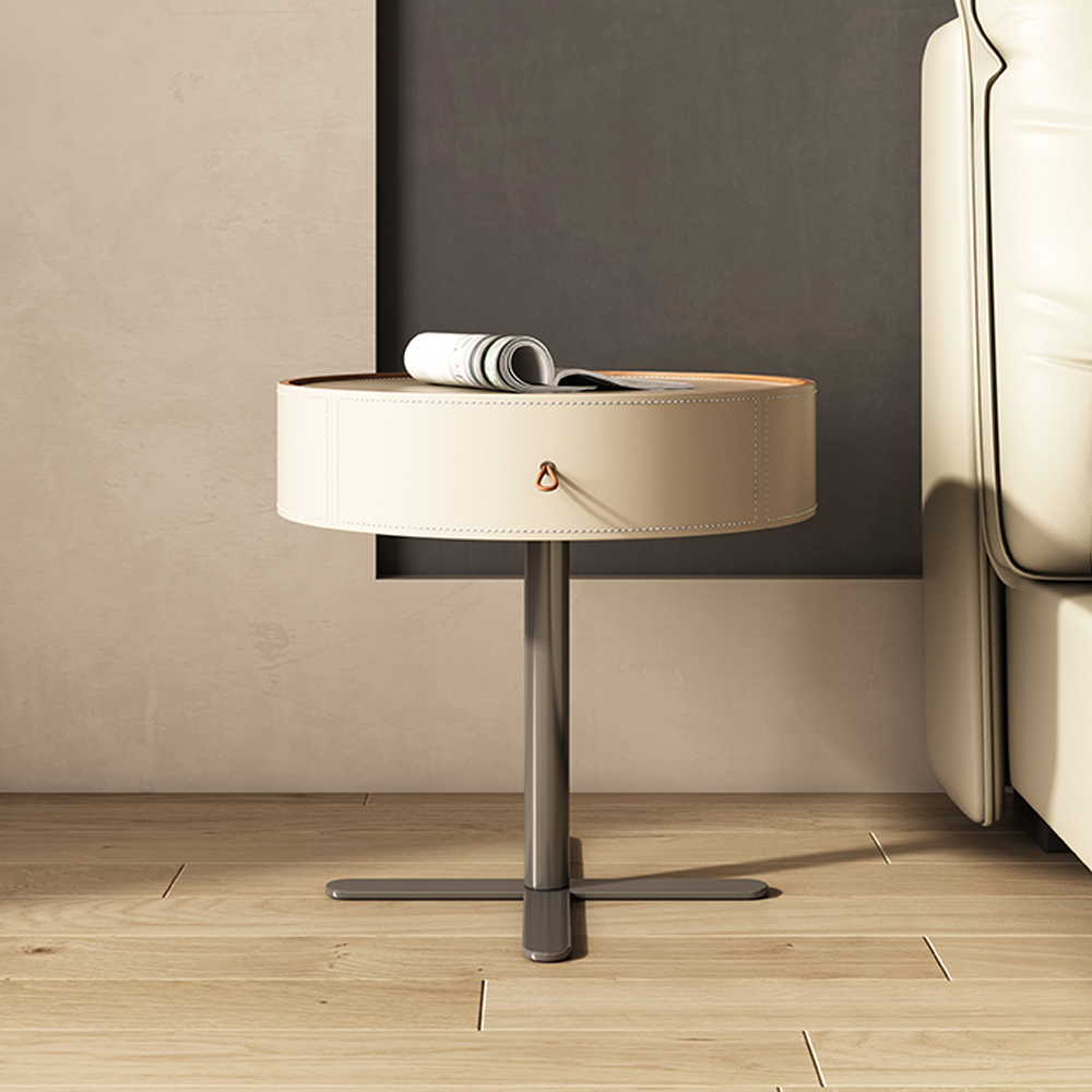 LIVARA NT1057 Leather Saddle Finish Bedside Wood Drawer-Plywood Solid Table