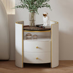 LIVARA NT1058 Solid Drawers-Plywood Finish Wood Leather Faux Glass Bedside Tempered Table