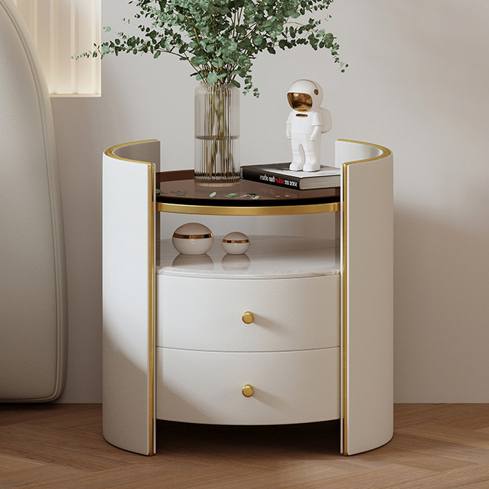 LIVARA NT1058 Solid Drawers-Plywood Finish Wood Leather Faux Glass Bedside Tempered Table