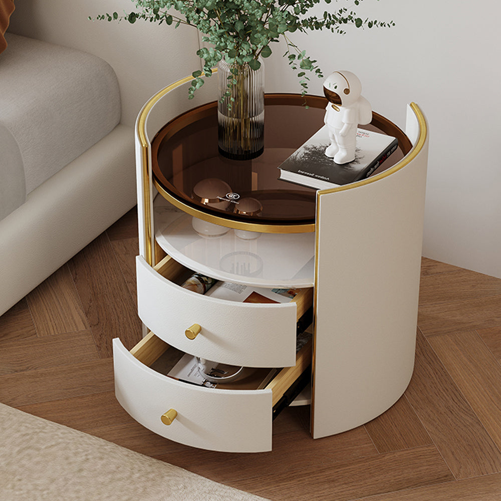 LIVARA NT1058 Solid Drawers-Plywood Finish Wood Leather Faux Glass Bedside Tempered Table