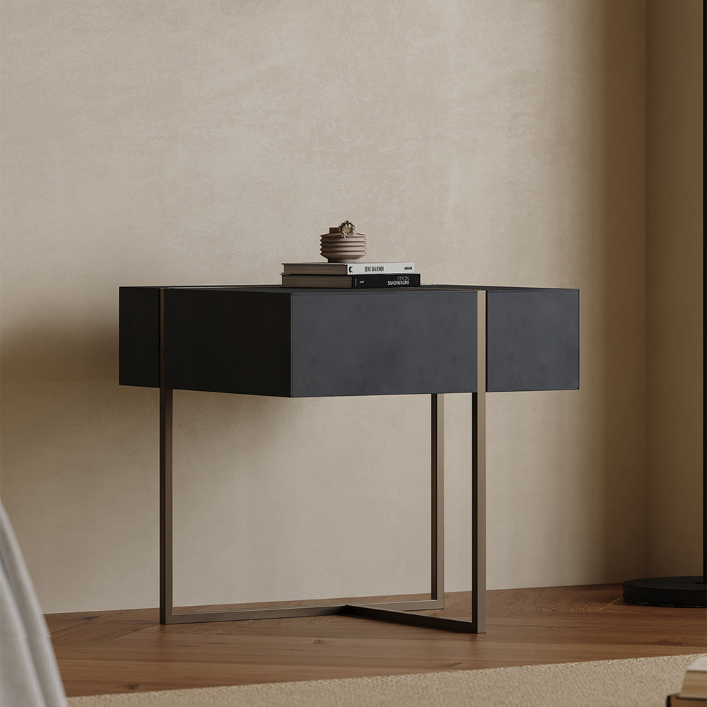 LIVARA NT1059 Leather - Glass Drawers Solid Finish Tempered Faux Wood Bedside Plywood Table