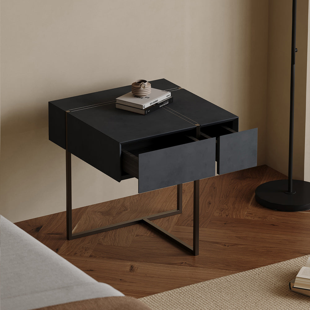 LIVARA NT1059 Leather - Glass Drawers Solid Finish Tempered Faux Wood Bedside Plywood Table