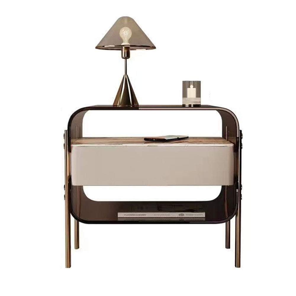 LIVARA NT1065 High-Leg Tempered - Glass Solid Metal Design Bedside Hardware Wood Table