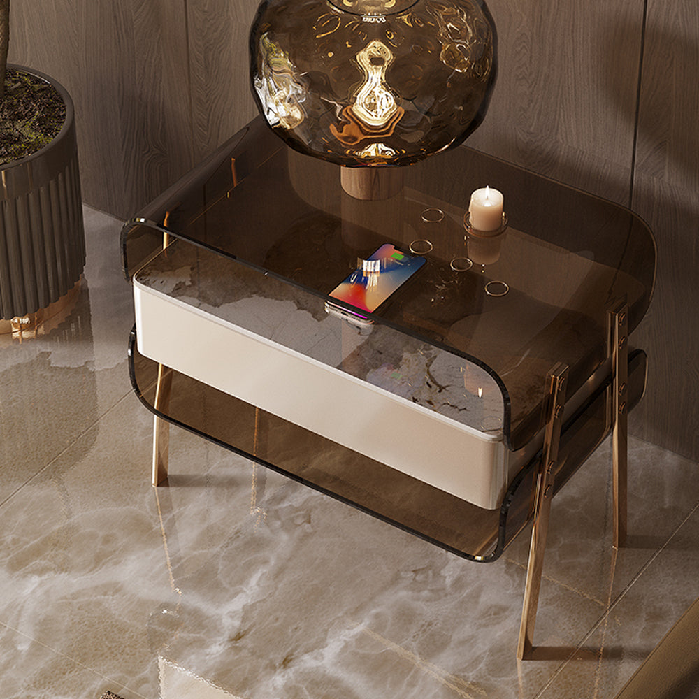 LIVARA NT1065 High-Leg Tempered - Glass Solid Metal Design Bedside Hardware Wood Table