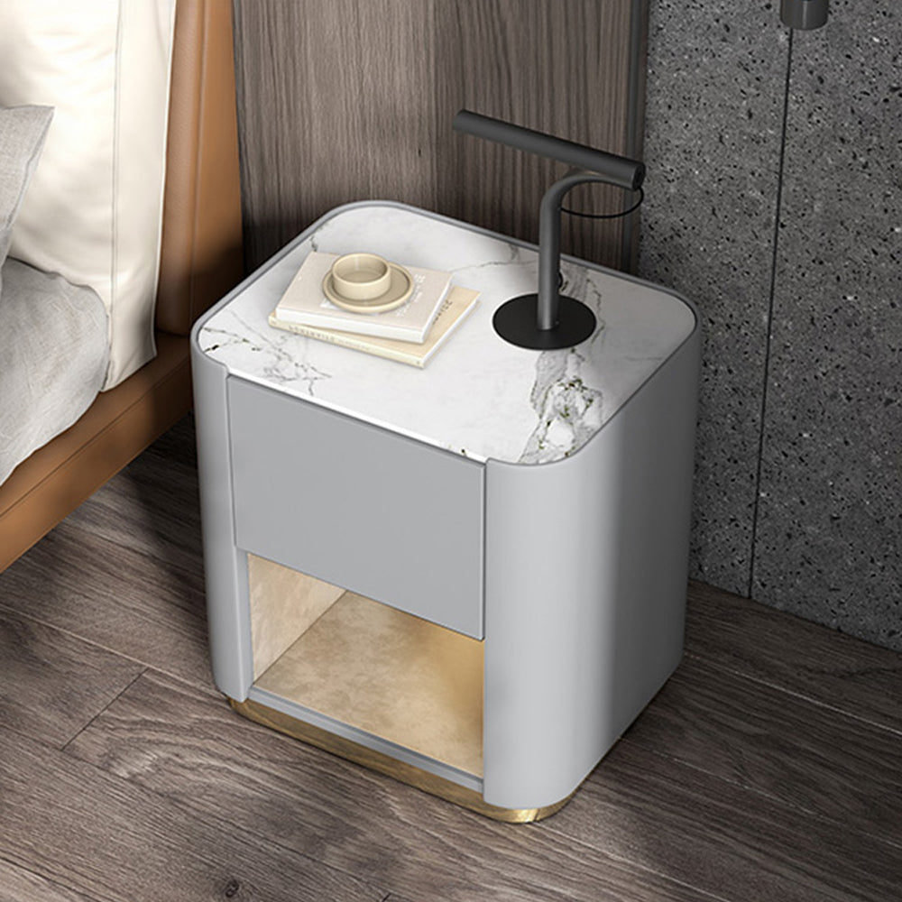 LIVARA NT1075 Leather Bedside Legs Sintered Top Solid Metal Wood Upholstered - Stone Table