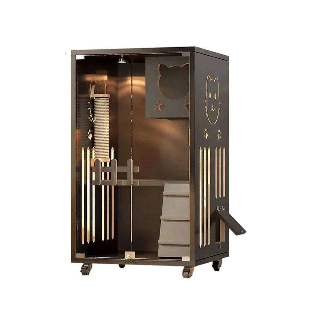 PAWORA Luxury Pet Cat Eco-Friendly Tempered Ventilated Villa Indoor House Glass, Stylish Design, Board, - Climbing Multi-Level - Grey