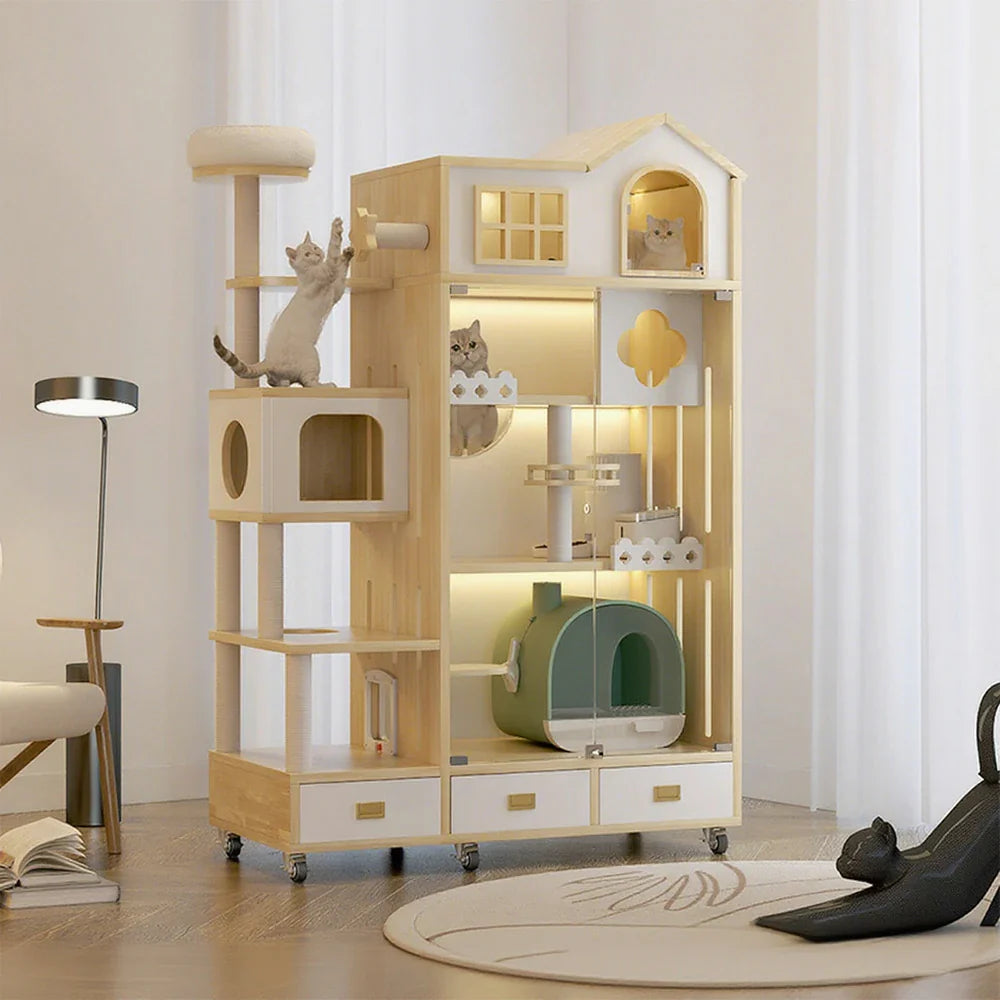 PAWORA Luxury - Pet Eco-Friendly Indoor Cat Multiple Design, Cats Climbing House Multi-Level Wooden Natural Spacious Ventilated for Villa Board, Wood
