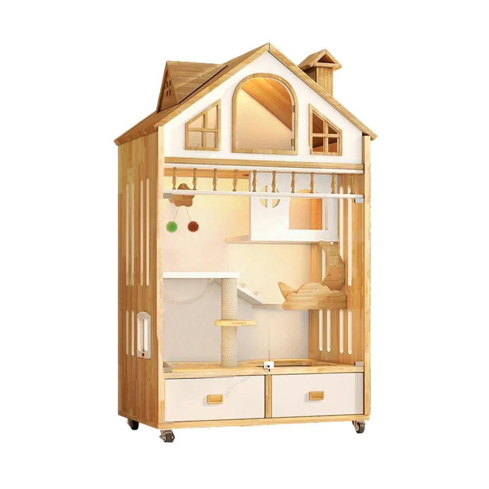 PAWORA Indoor 90cm Design, - Ventilated Cat 2-3 - Villa for Wooden Spacious Warm Cats Lighting, House Eco-Friendly Board, Natural Adult Pet Wood