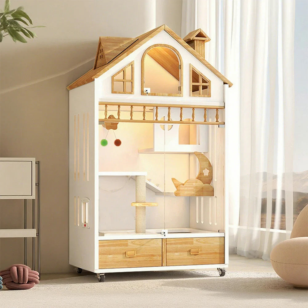 PAWORA Indoor Cats Design, Board, Cat House Spacious Adult for Eco-Friendly 2-3 Ventilated Lighting, Pet Villa - Warm 90cm Wooden White