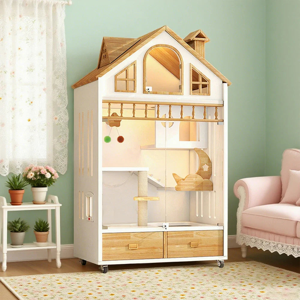 PAWORA Indoor Cats Design, Board, Cat House Spacious Adult for Eco-Friendly 2-3 Ventilated Lighting, Pet Villa - Warm 90cm Wooden White