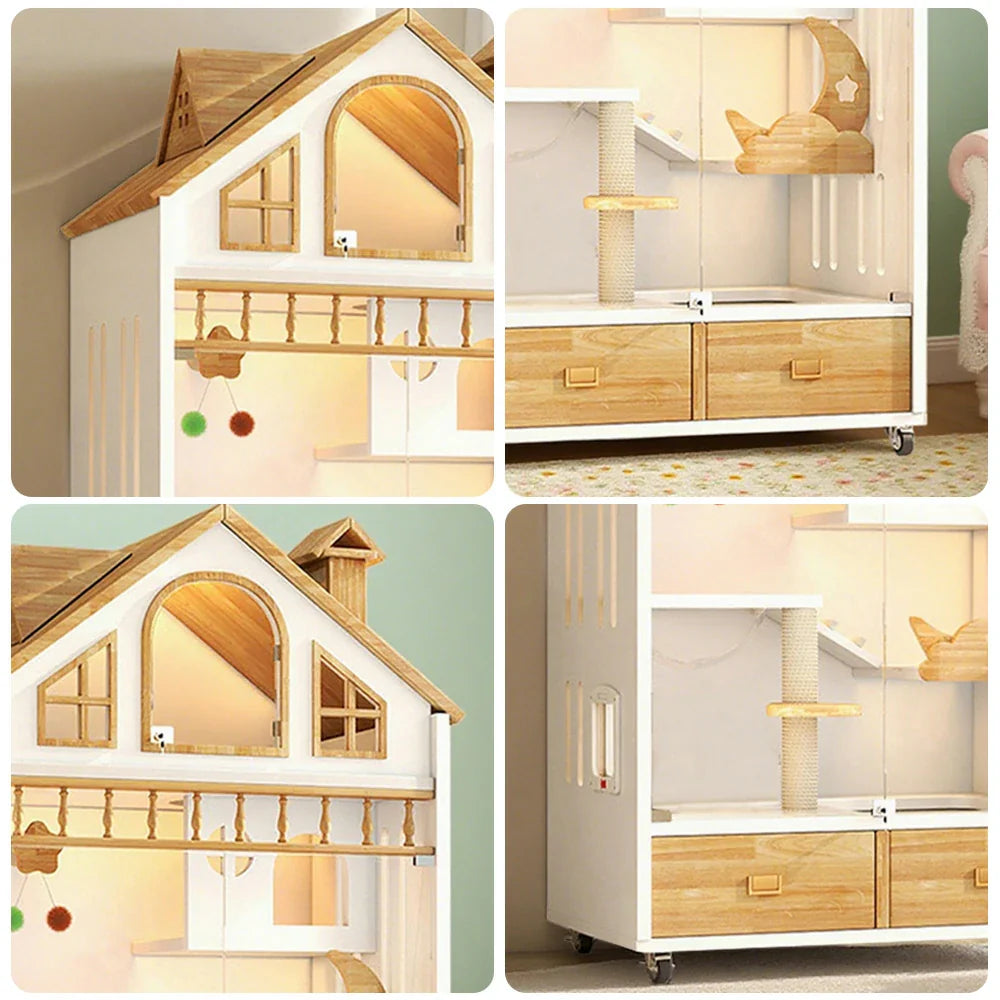PAWORA Indoor Cats Design, Board, Cat House Spacious Adult for Eco-Friendly 2-3 Ventilated Lighting, Pet Villa - Warm 90cm Wooden White