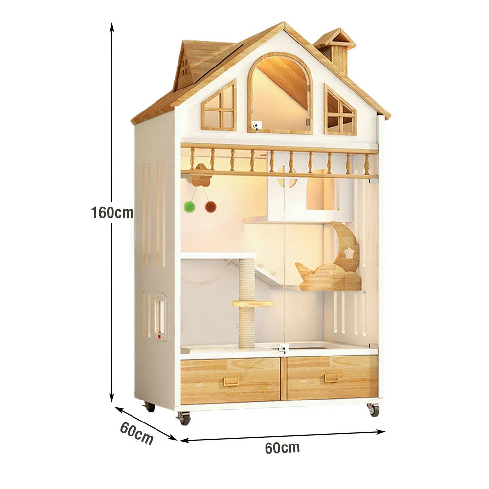 PAWORA Indoor Cats Design, Board, Cat House Spacious Adult for Eco-Friendly 2-3 Ventilated Lighting, Pet Villa - Warm 90cm Wooden White