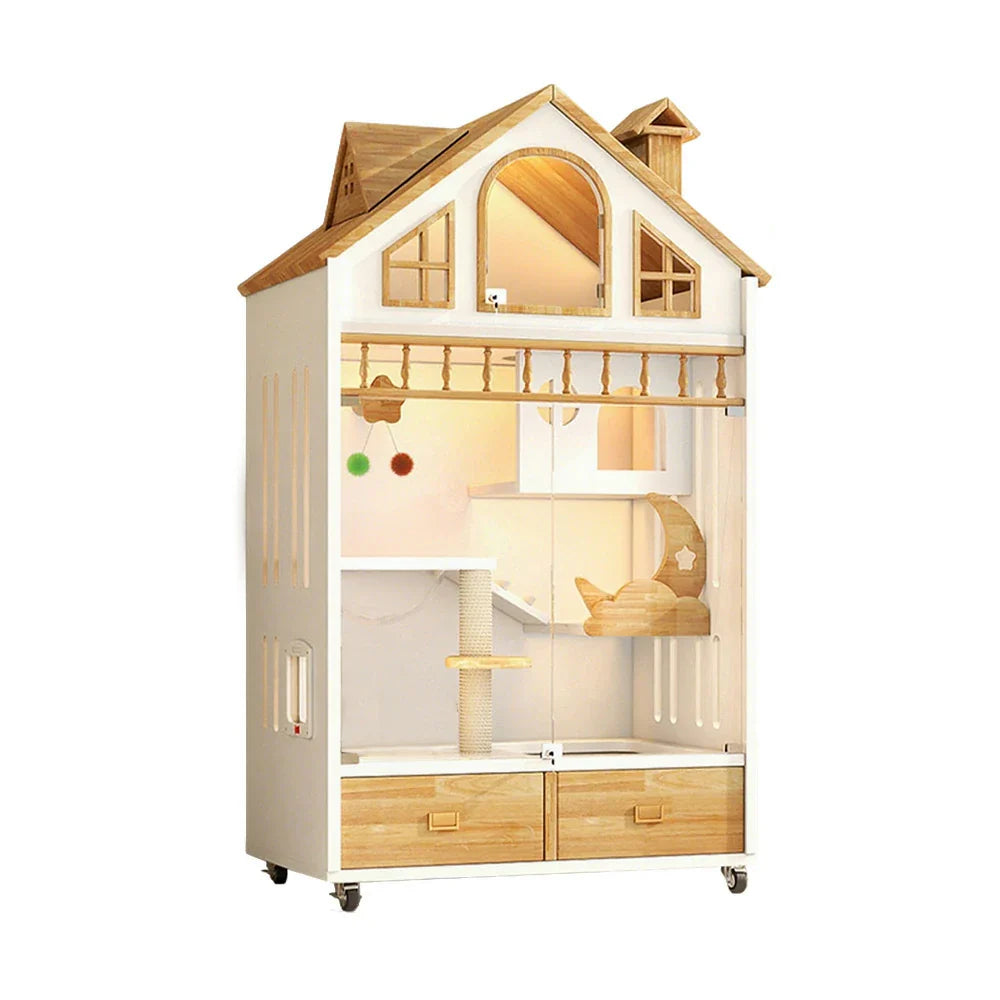 PAWORA Indoor Cats Design, Board, Cat House Spacious Adult for Eco-Friendly 2-3 Ventilated Lighting, Pet Villa - Warm 90cm Wooden White