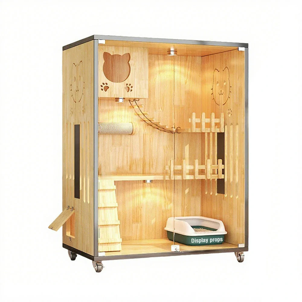 PAWORA Luxury 125/185cm Cat Tempered Design with Indoor Board, Wooden - House Glass, Natural - Multi-Level Eco-Friendly Ventilation, Wood