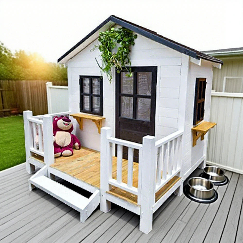 PAWORA Luxury Dog Large Pine Durable Wooden House - Spacious Pet Outdoor for Medium Villa - Structure, Dogs Design White